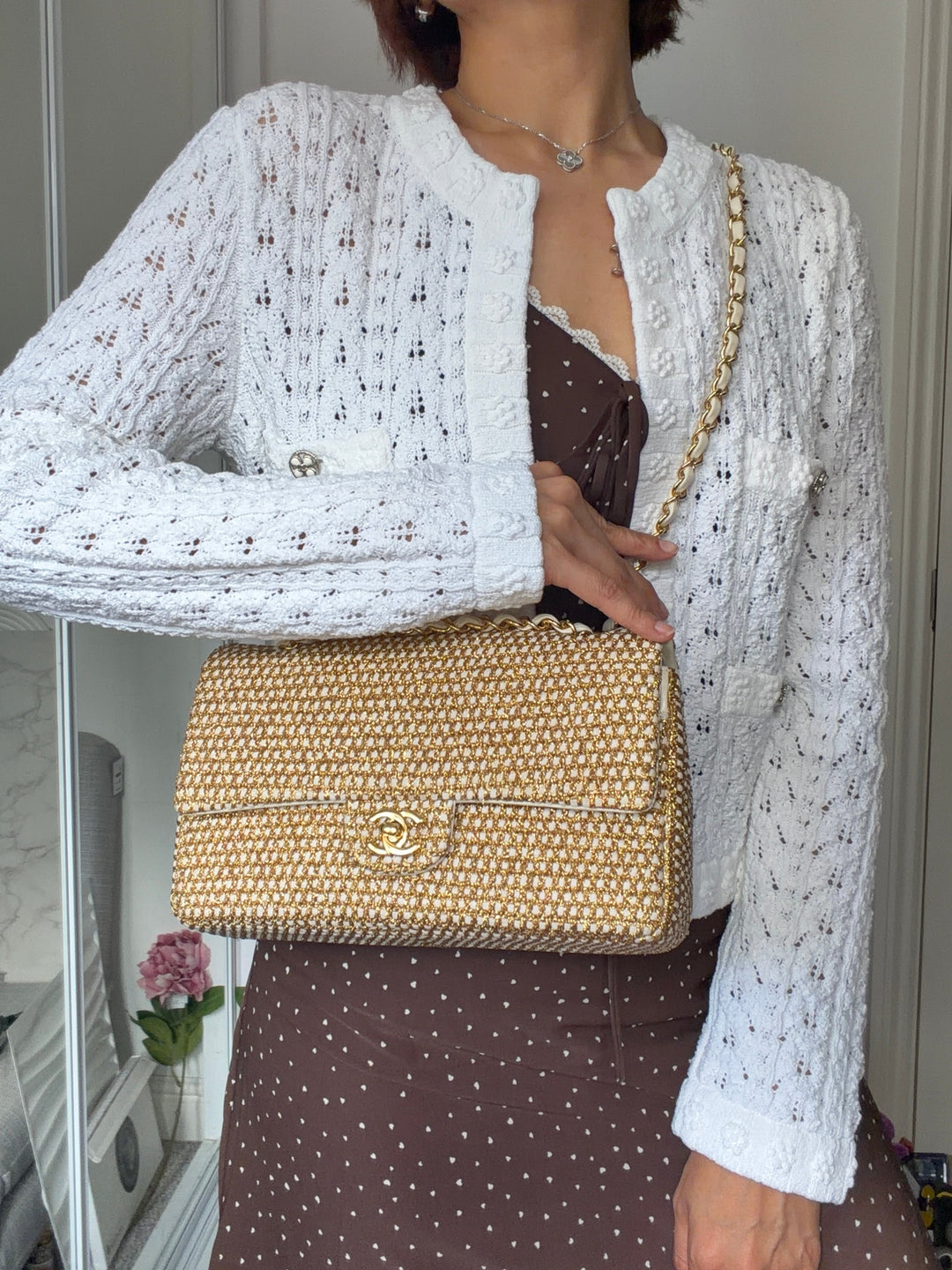 CHANEL series 17 Beige/Ivory Gold Tweed Medium ML Timeless Classic Double Flap Bag 2012 with LGHW