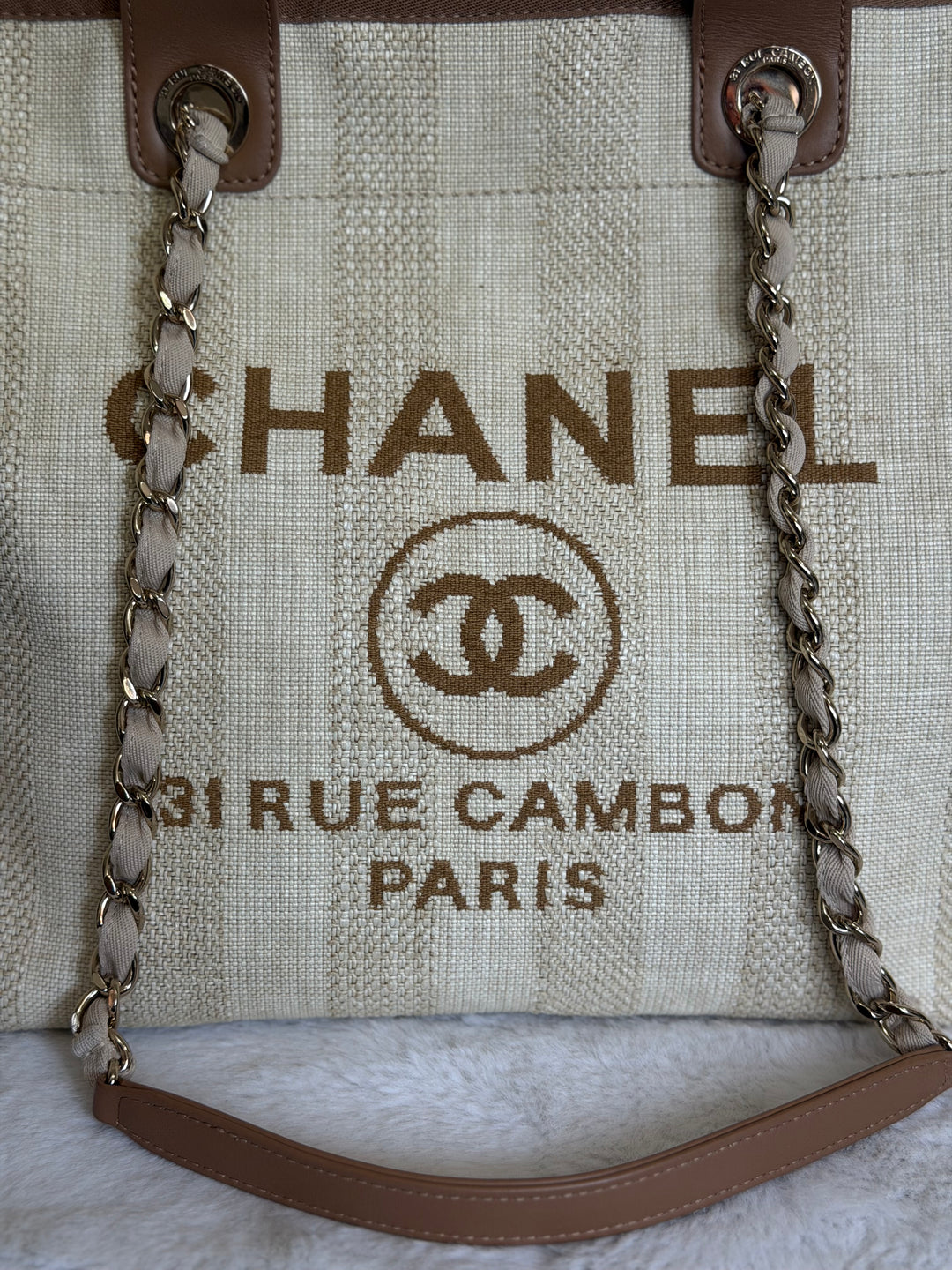 CHANEL series 29 Beige and Brown Stripe Medium 15 inches Deauville Tote Bag 2020