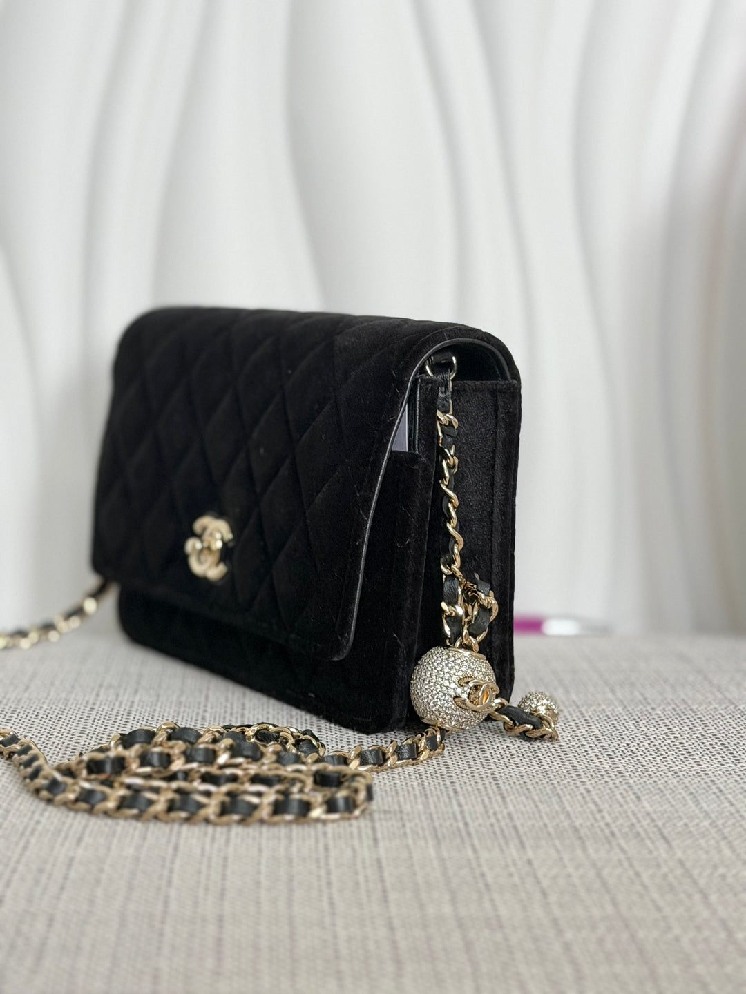 CHANEL 2025 Black Velvet Crystal Pearl Crush Adjustable Strap Wallet on Chain (WOC)