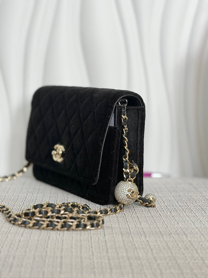 CHANEL 2025 Black Velvet Crystal Pearl Crush Adjustable Strap Wallet on Chain (WOC)