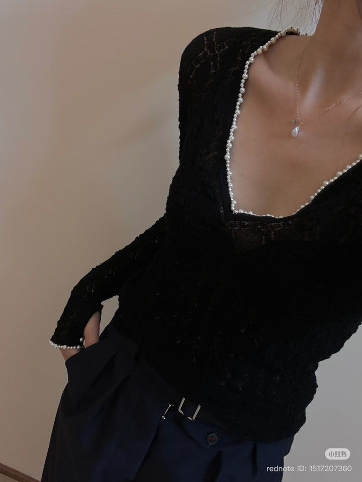 CHANEL 22B Pearl Round the Neck Black Lace Top 2022 size EU 34