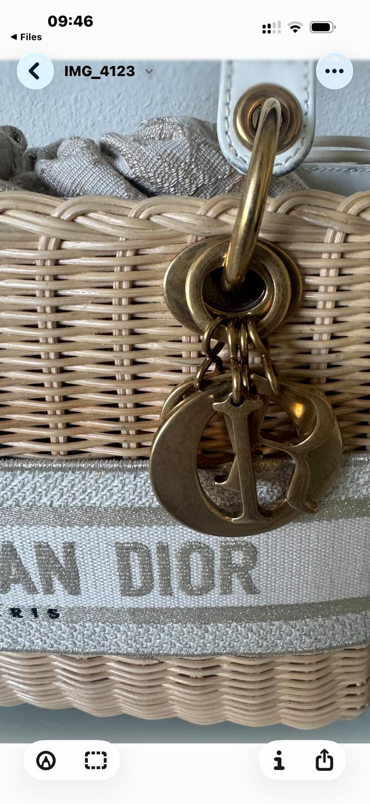 DIOR Lady Dior White/Gold Wicker Bag size SMALL with Guitar Strap