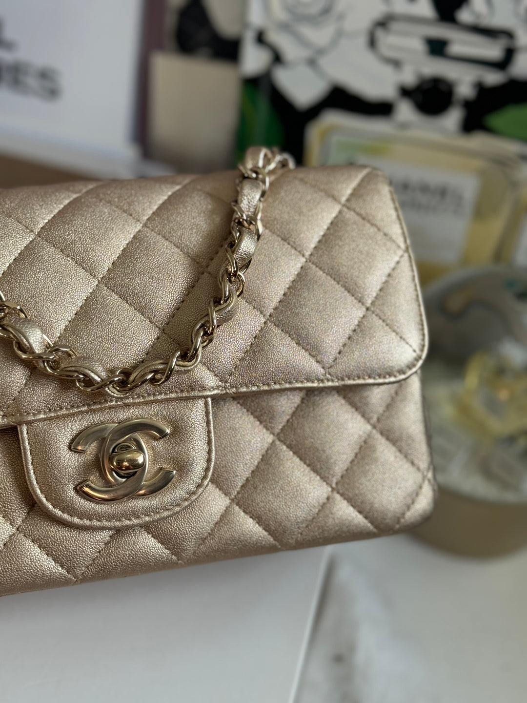 Chanel 21P series 31 Iridescent Gold Lambskin LGHW Mini Rectangular Flap Bag