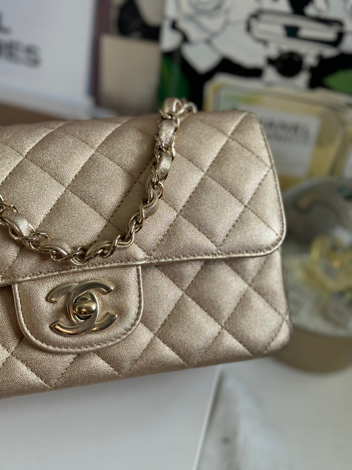 Chanel 21P series 31 Iridescent Gold Lambskin LGHW Mini Rectangular Flap Bag