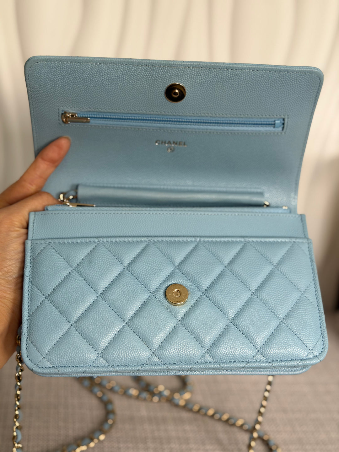 CHANEL 22S Collection 2022 Baby Blue/ Light Blue Caviar LGHW Classic Wallet on chain (WOC)