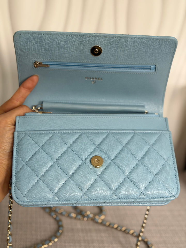 CHANEL 22S Collection 2022 Baby Blue/ Light Blue Caviar LGHW Classic Wallet on chain (WOC)