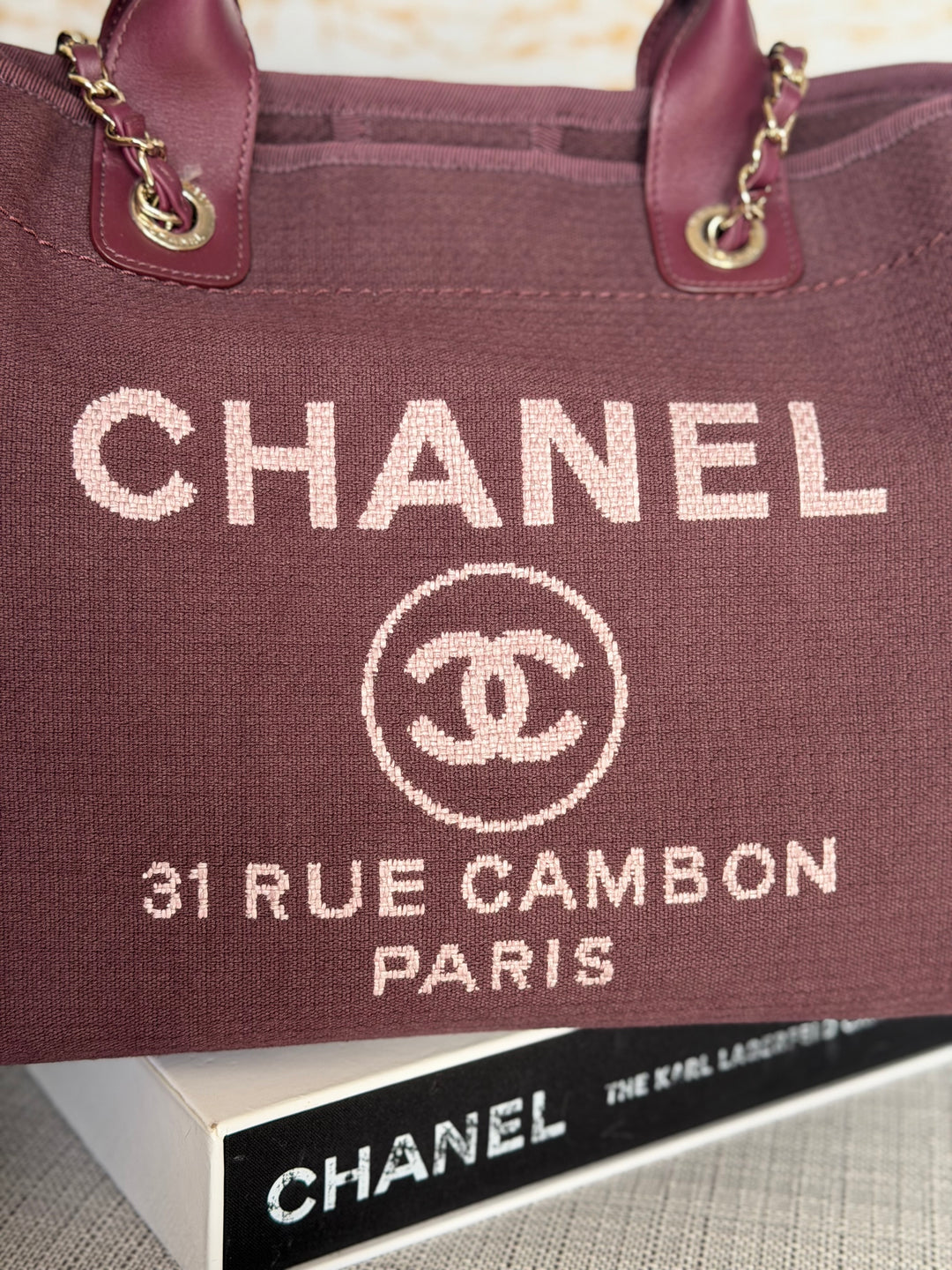 Chanel Burgundy Tweed Deauville Tote with Leather top handle size SMALL 13 inches 2024