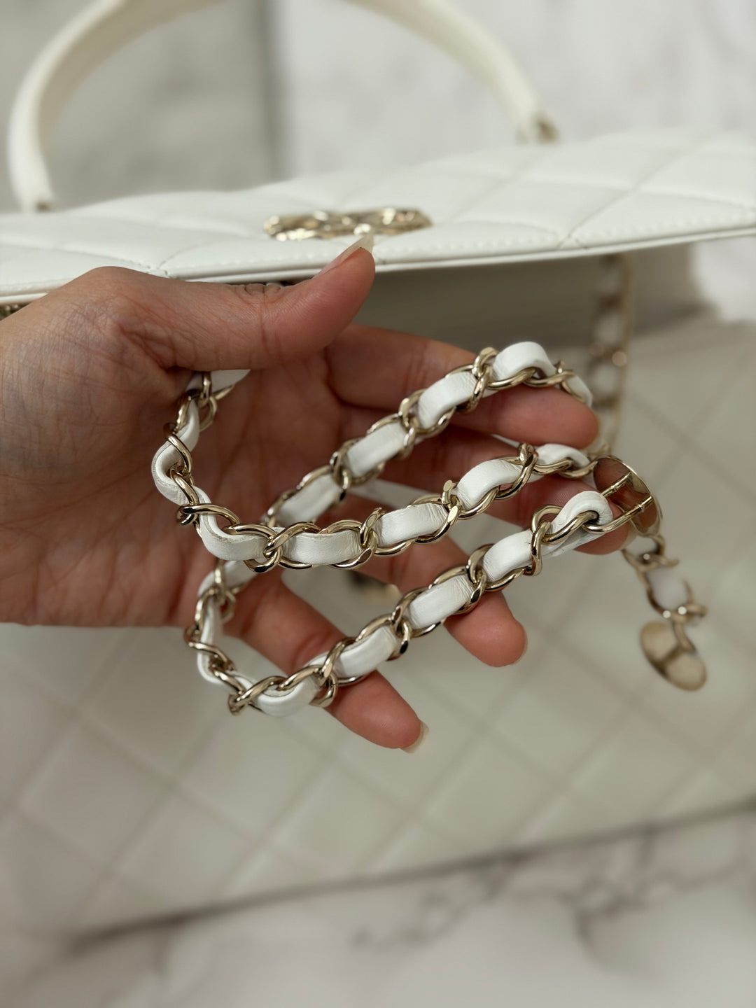 CHANEL 23S collection 2023 White Lambskin LGHW Trendy CC Flap Bag size Small with raised CHANEL Engraved Plate Top Handle