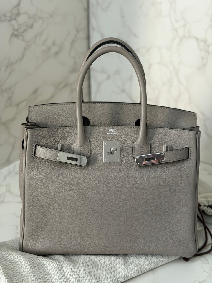 HERMES Gris Asphalt Leather Birkin 30 Bag Palladium Hardware Stamp D 2019