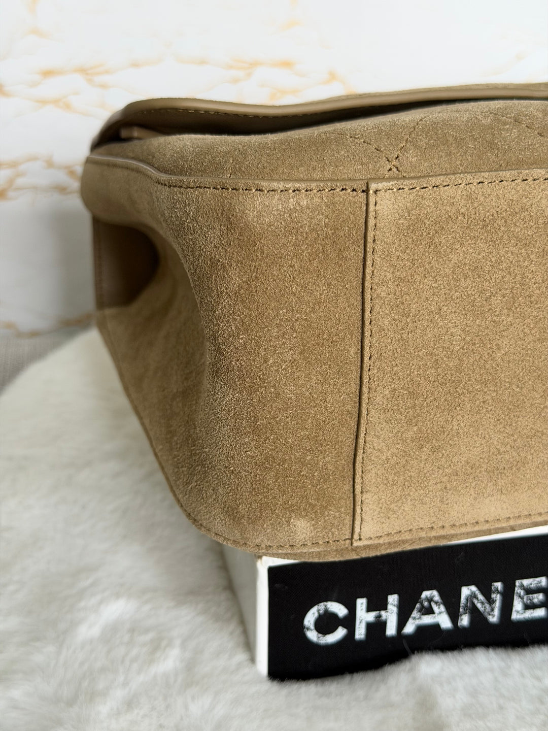 CHANEL 26S Beige Suede Leather LGHW Maxi Flap Bag 32 cms