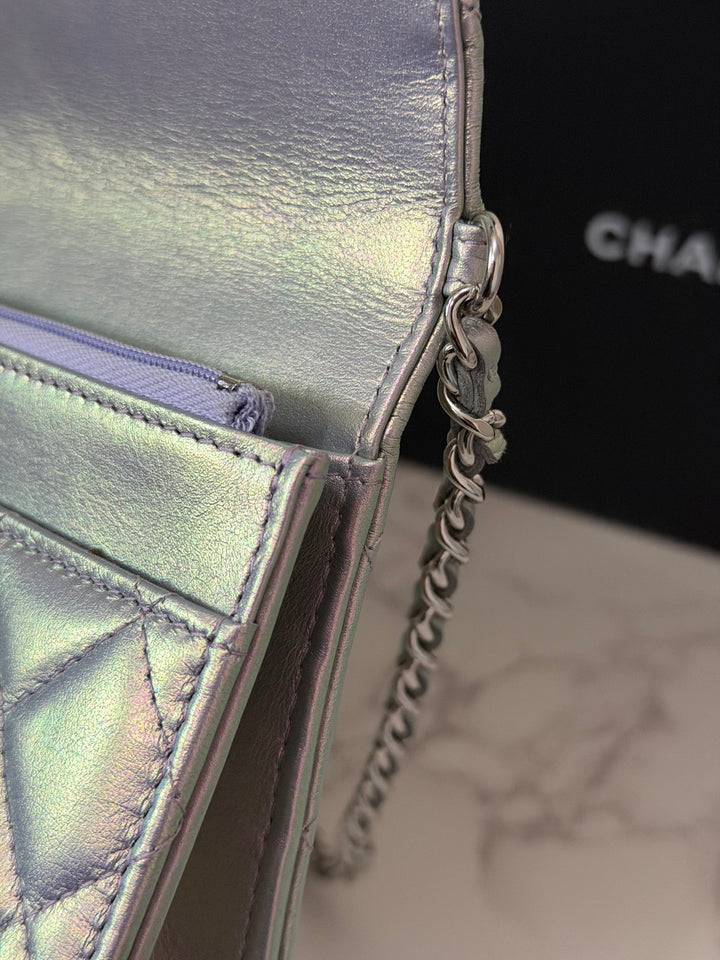 CHANEL 21K Silver Lambskin SHW Classic Wallet On Chain (WOC)