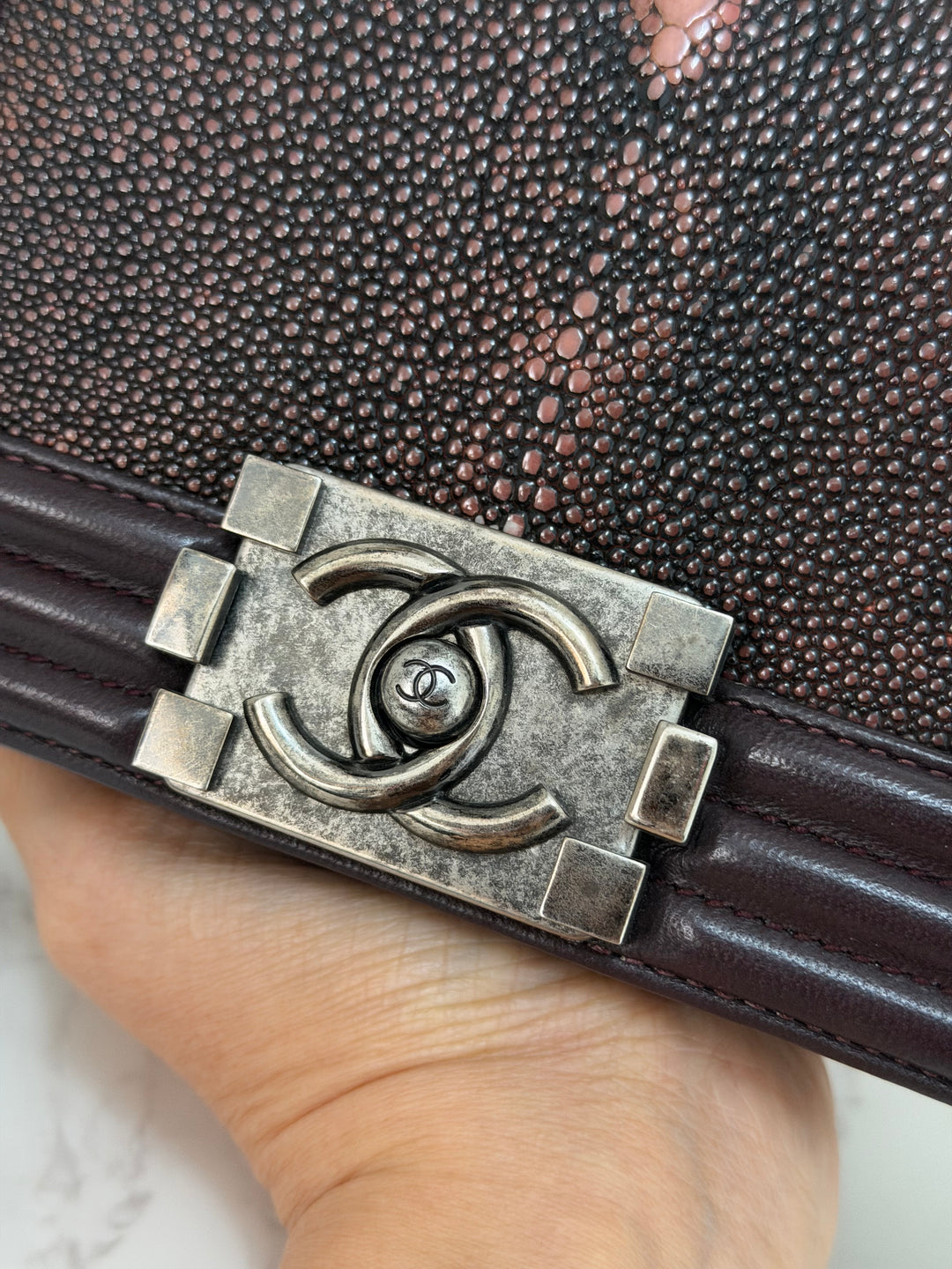 Chanel series 21 2015 Burgundy Lambskin Stingray SMALL Le Boy Flap Bag with Ruthenium HW