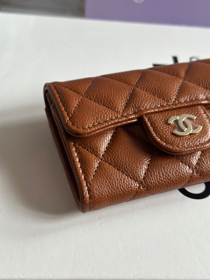 Chanel 23A Brown Caviar LGHW Classic Flap Snap Card Holder