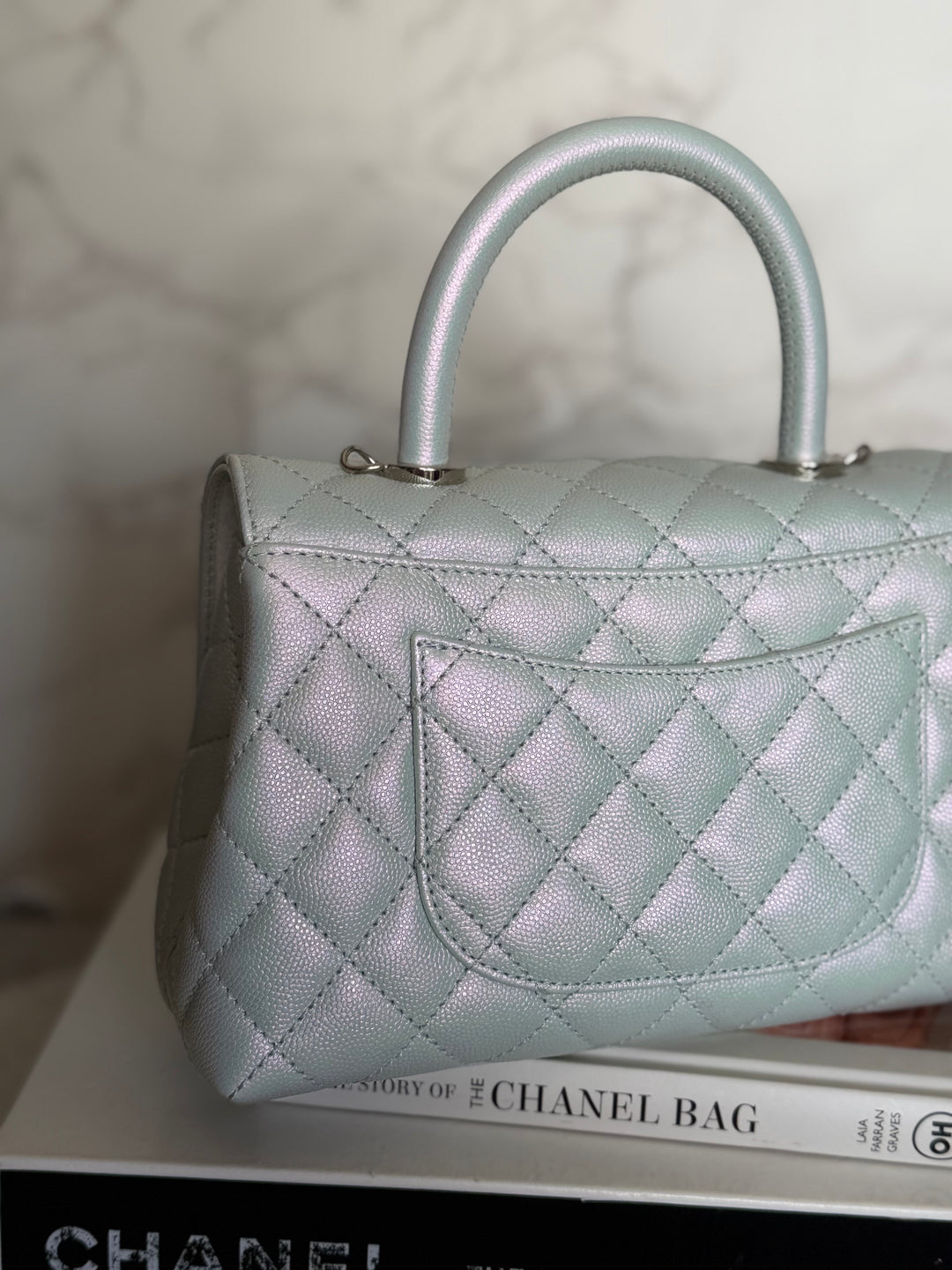 CHANEL 21K iridescent Light Blue Caviar Rainbow and shiny SHW Coco Handle Flap Bag size Small 2021
