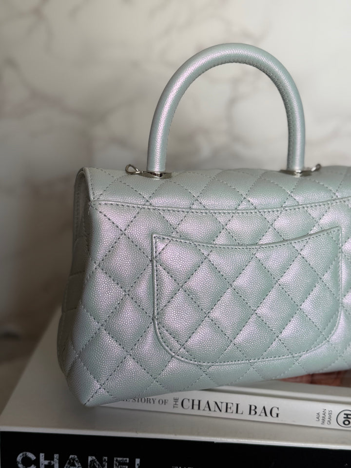 CHANEL 21K iridescent Light Blue Caviar Rainbow and shiny SHW Coco Handle Flap Bag size Small 2021