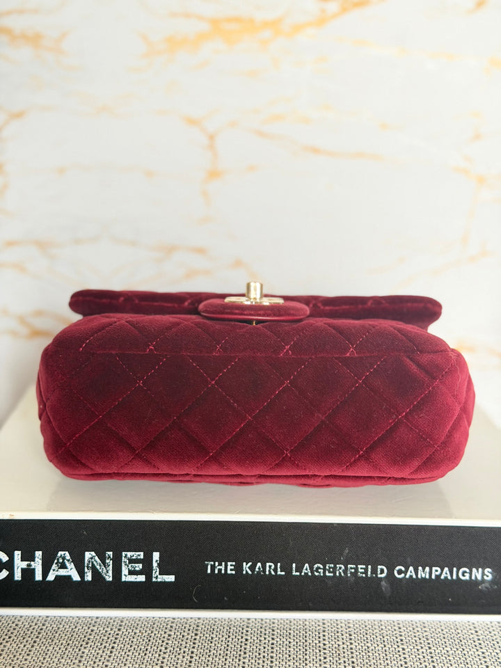 CHANEL series 31 Burgundy Dark Red Velvet Crystal Pearl Crush Adjustable Strap Mini Rectangular Flap Bag 2020/2021