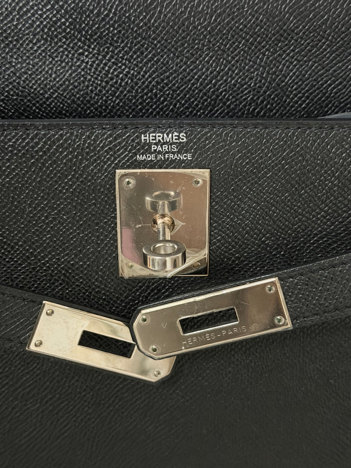 HERMES Black Noir Sellier Epsom Leather PHW Kelly 28 Stamp R 2014