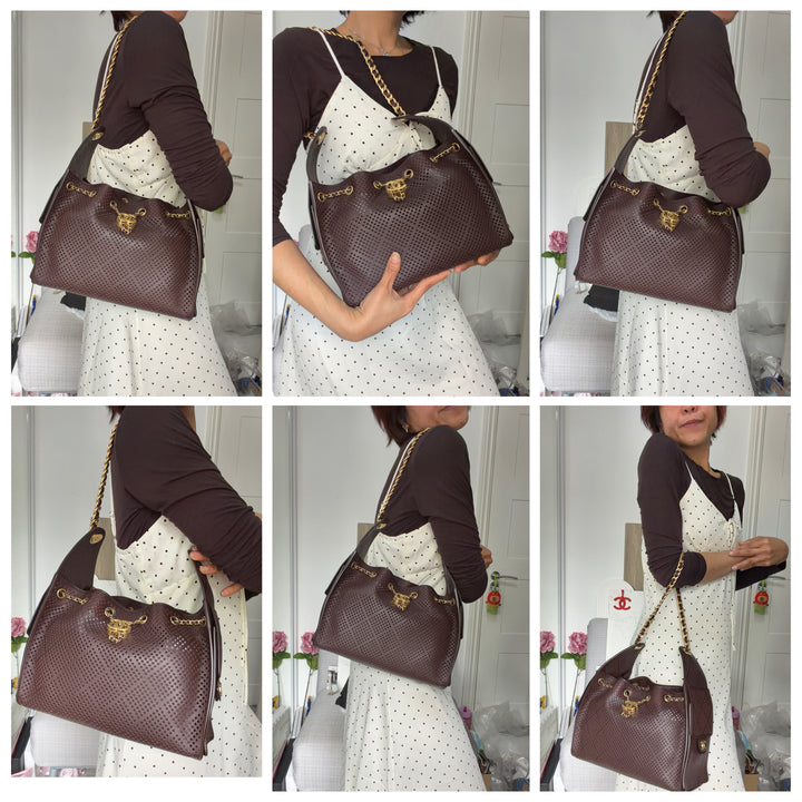 CHANEL 26S 25 Hobo Bag in Perforated BROWN Calf skin Aged GHW size SMALL