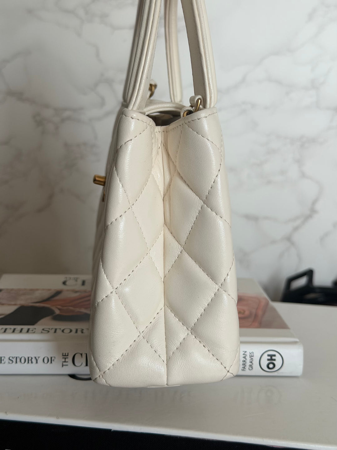 CHANEL White Calf skin Aged GHW Kelly Shopping Bag Size Small 2026