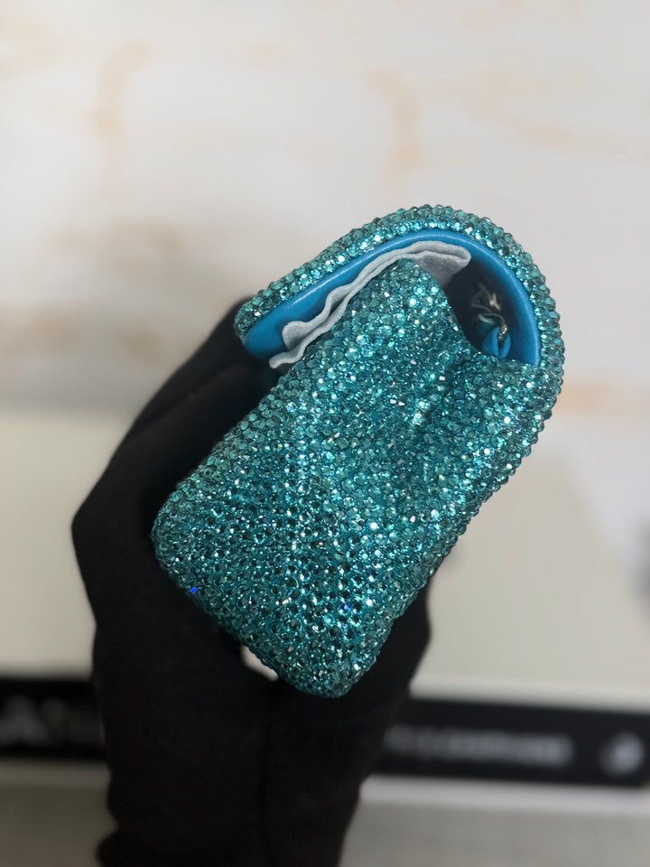 CHANEL series 21 Turquoise Teal Green Blue Diamanté Swarovski Crystal Strasssd Extra Mini Flap Bag with SHW *unicorn* RARE