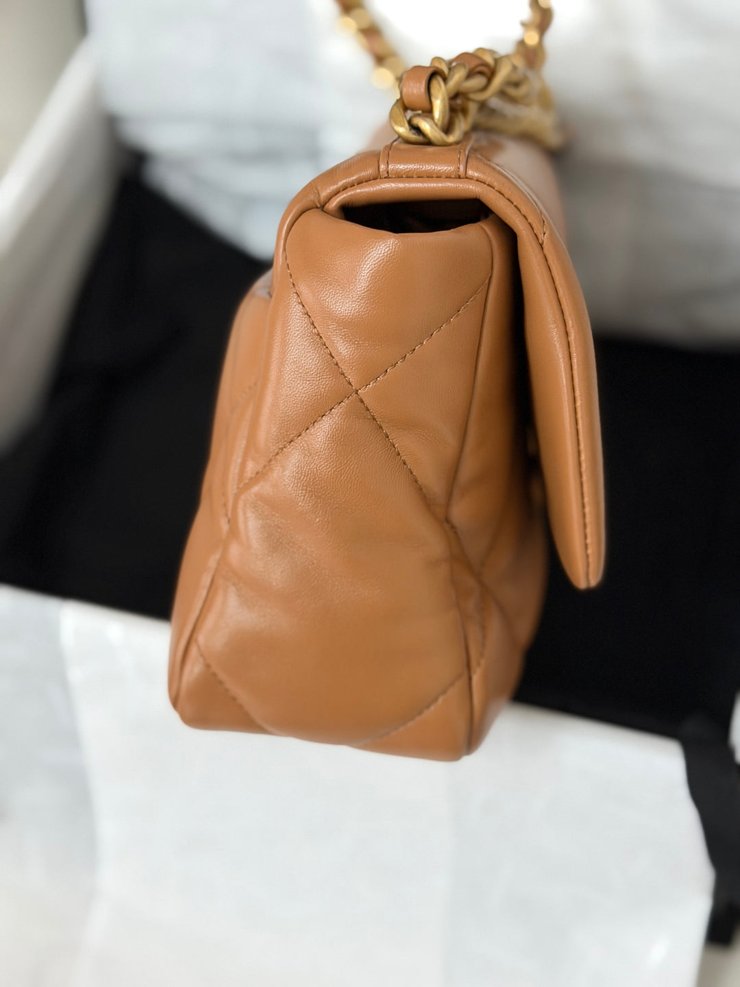 CHANEL Caramel Brown Lambskin Mixed Hardware 19 Size Small Medium Flap bag from 2022