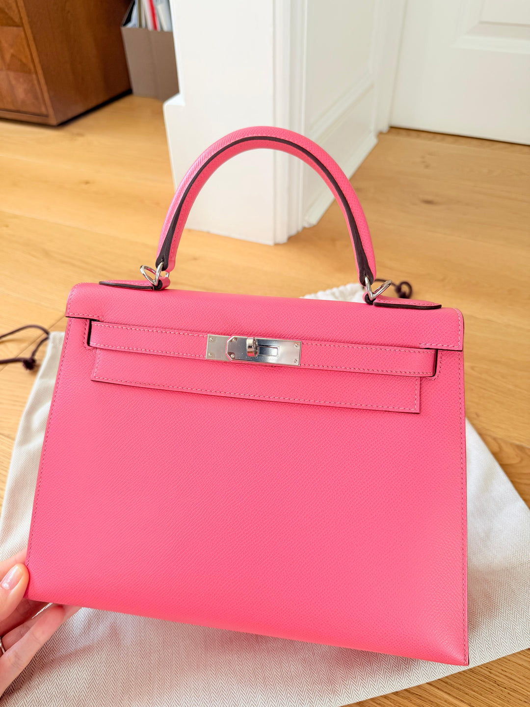 Hermes Kelly 28 in Rose Azalee Pink Epsom Leather PHW Stamp C 2018