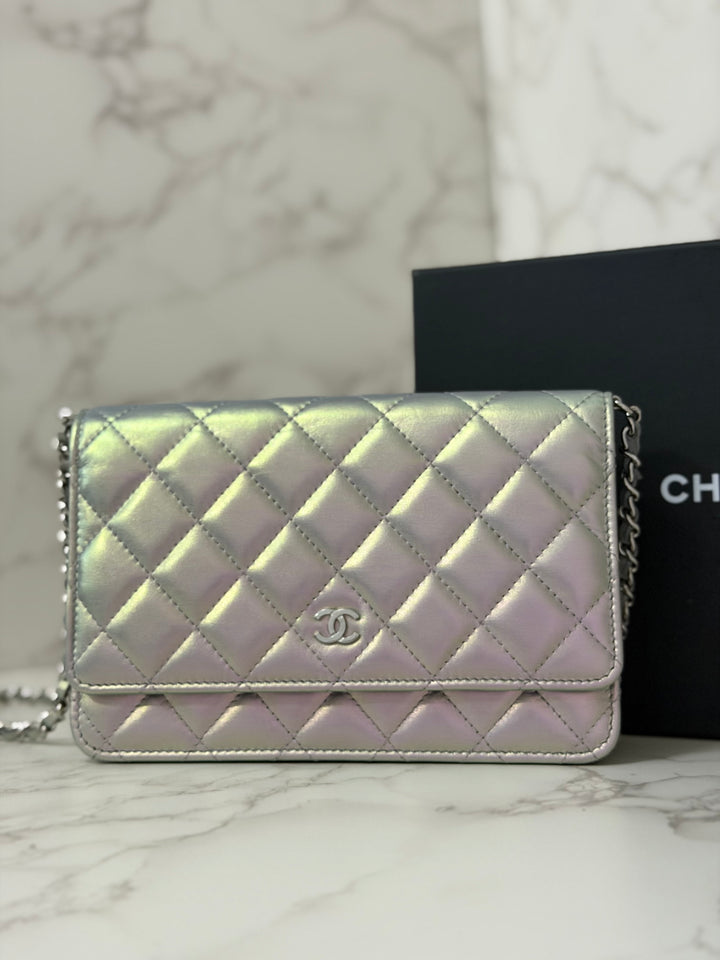 CHANEL 21K Silver Lambskin SHW Classic Wallet On Chain (WOC)