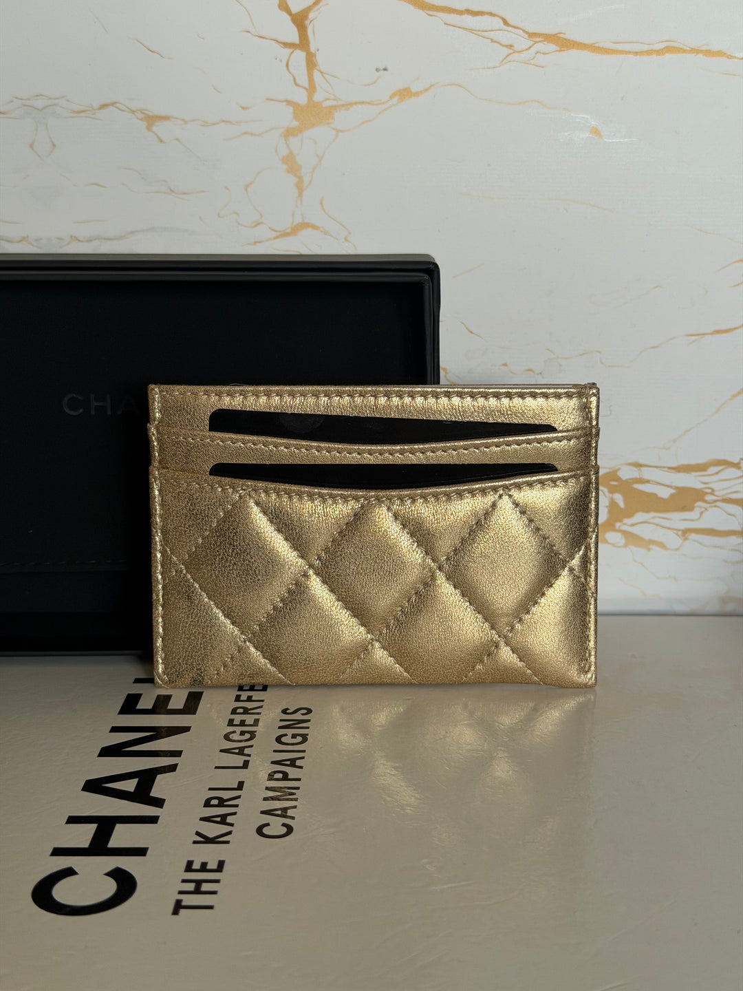 CHANEL Gold Metallic Lambskin LGHW Classic Flat Card Holder 2022