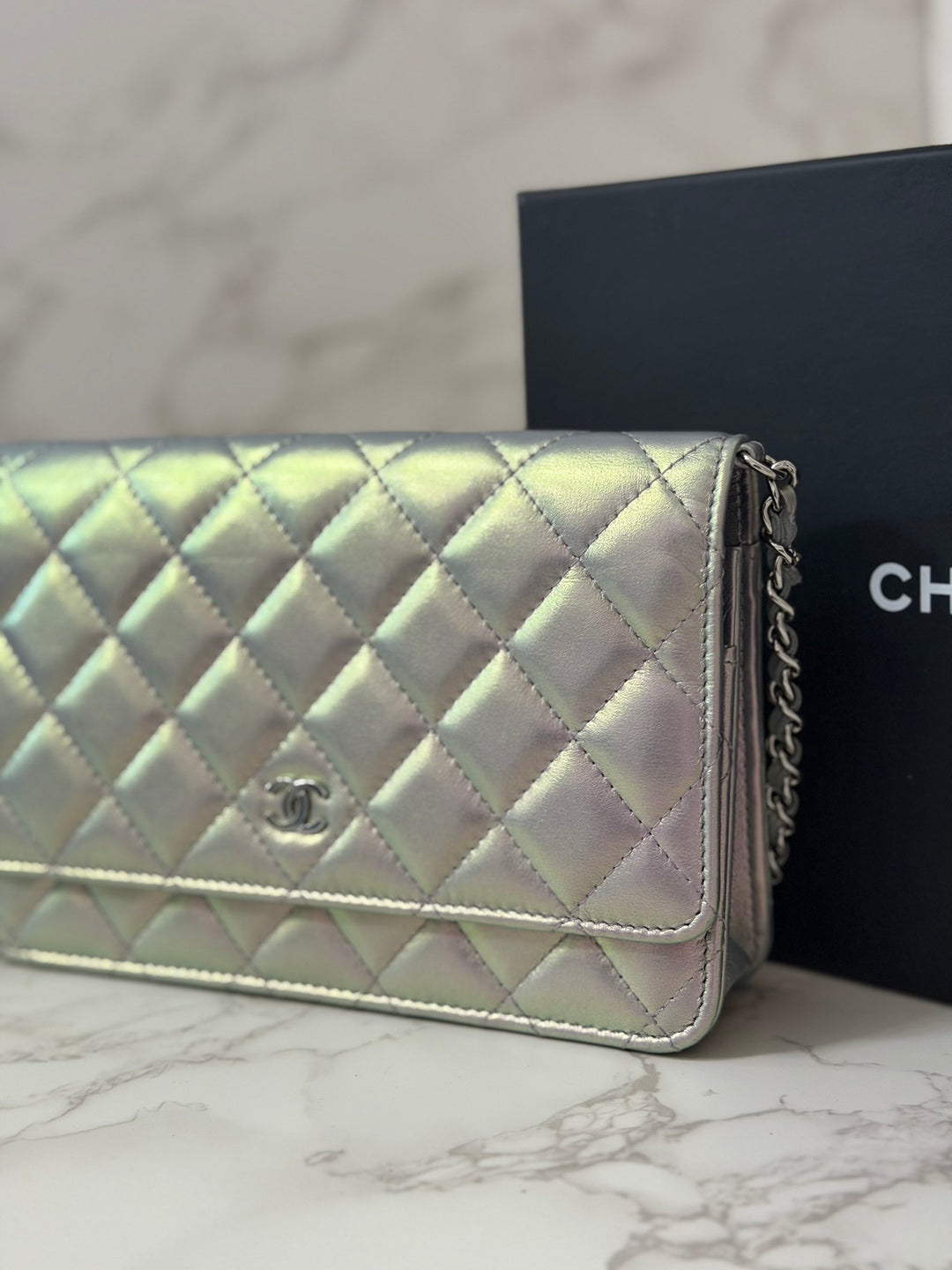 CHANEL 21K Silver Lambskin SHW Classic Wallet On Chain (WOC)