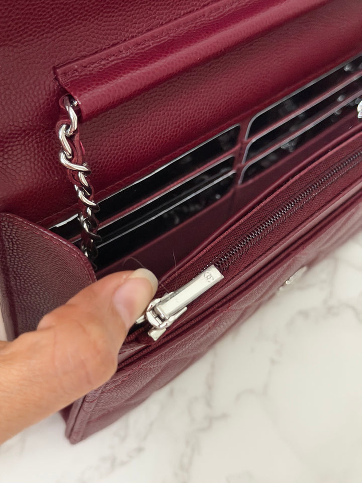 CHANEL 2024 Burgundy Caviar SHW Classic Wallet on chain (WOC) with crystal CC Logo