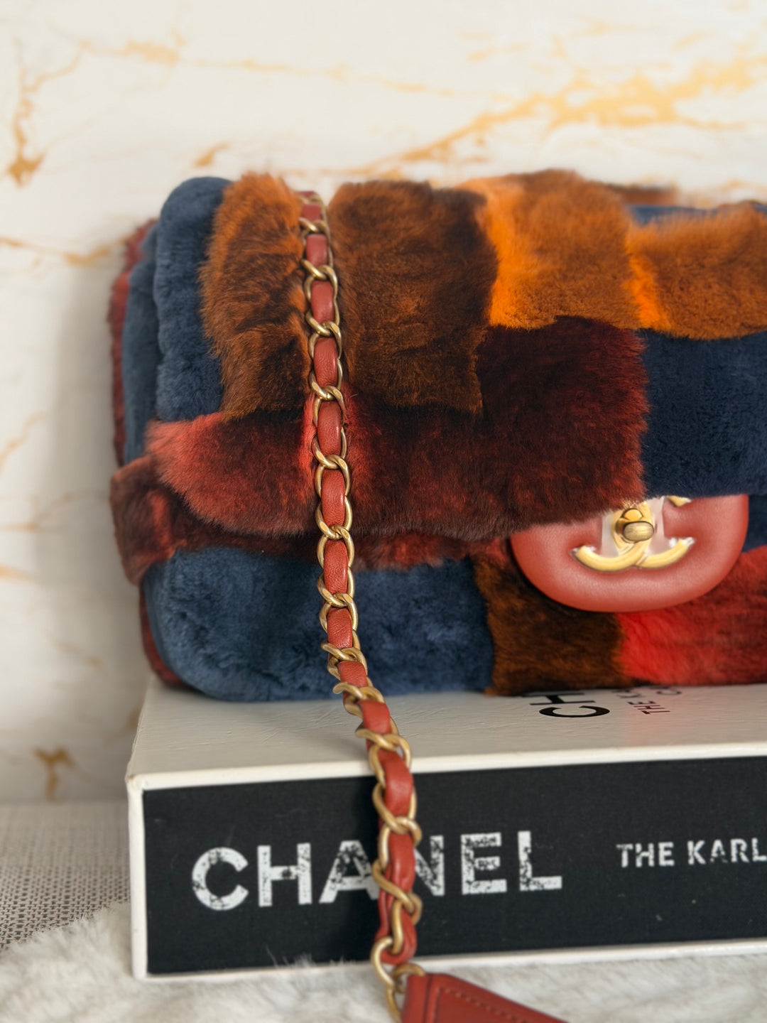 CHANEL series 28 Orylag Red Orange Navy Fur Flap Bag with GHW Medium Single Flap Bag 2018