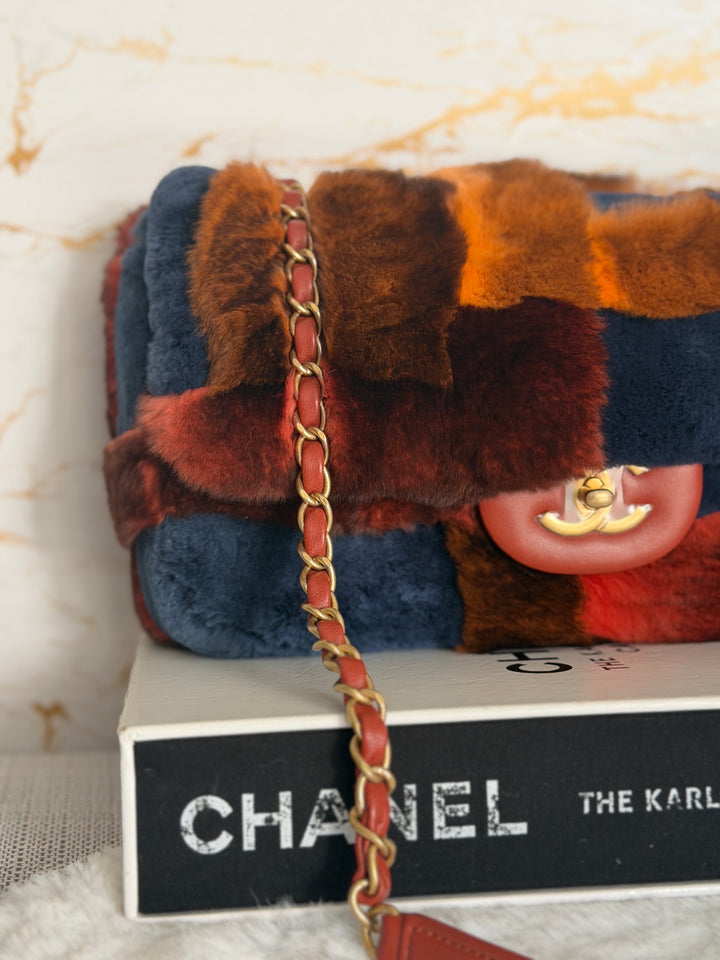 CHANEL series 28 Orylag Red Orange Navy Fur Flap Bag with GHW Medium Single Flap Bag 2018