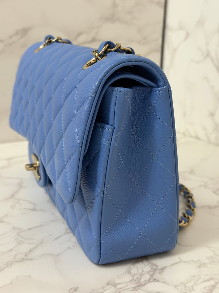CHANEL 25C 2025 Periwinkle Blue Caviar LGHW Medium ML Timeless Classic Double Flap Bag
