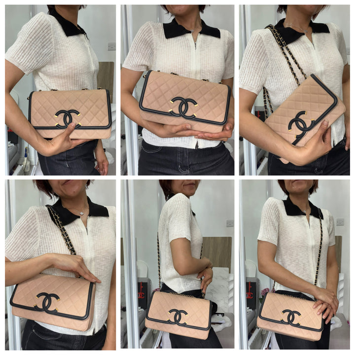 CHANEL series 23 Black and Beige Caviar Filigree GHW Flap Bag size Medium 25 cms 2017