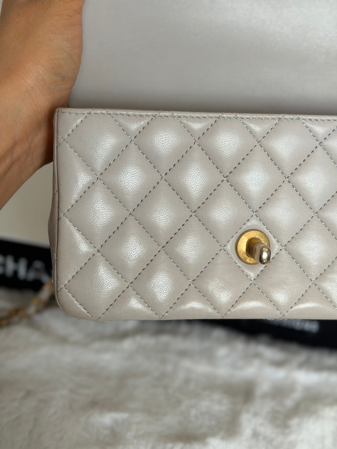 CHANEL Grey Lambskin aged GHW Mini Rectangular Flap bag Top Handle 2021 21A collection