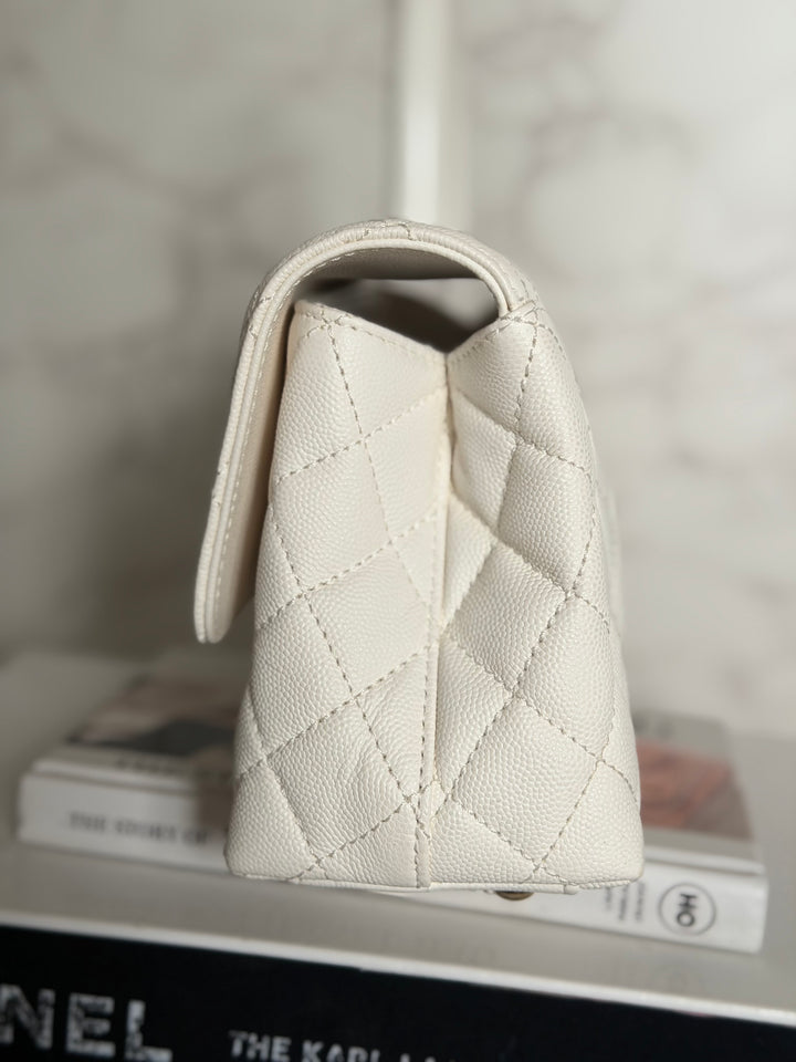CHANEL White Caviar LGHW Coco Handle Flap Bag Size SMALL with detachable Strap Microchipped