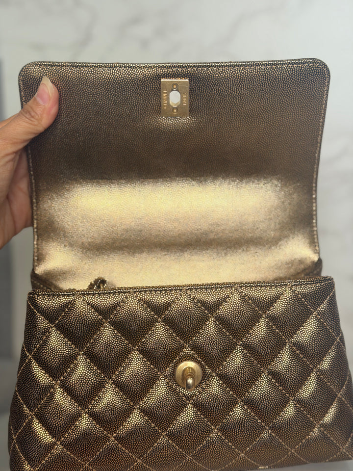 CHANEL series 28 19A Metallic Bronze Gold Caviar Aged GHW Coco Handle Flap Bag size SMALL with detachable shoulder strap 2019
