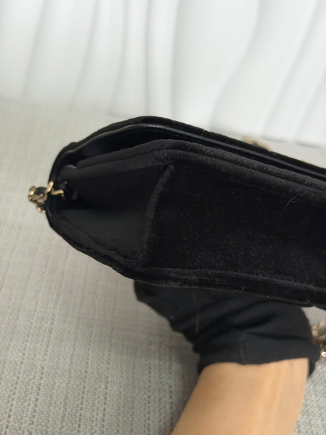 CHANEL 2025 Black Velvet Crystal Pearl Crush Adjustable Strap Wallet on Chain (WOC)