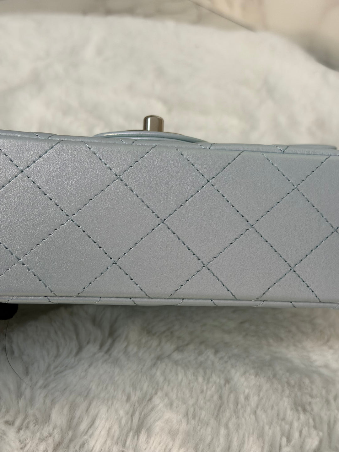 CHANEL 21K 2021 Iridescent light Blue Calf skin SHW Mini rectangular flap bag microchip