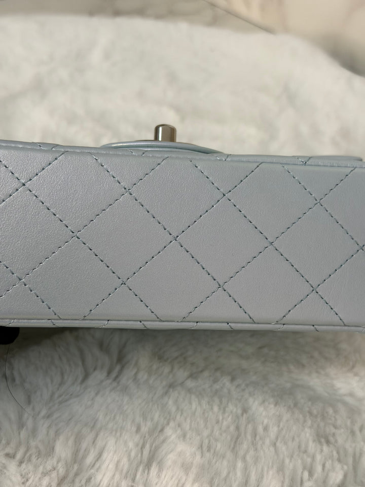 CHANEL 21K 2021 Iridescent light Blue Calf skin SHW Mini rectangular flap bag microchip