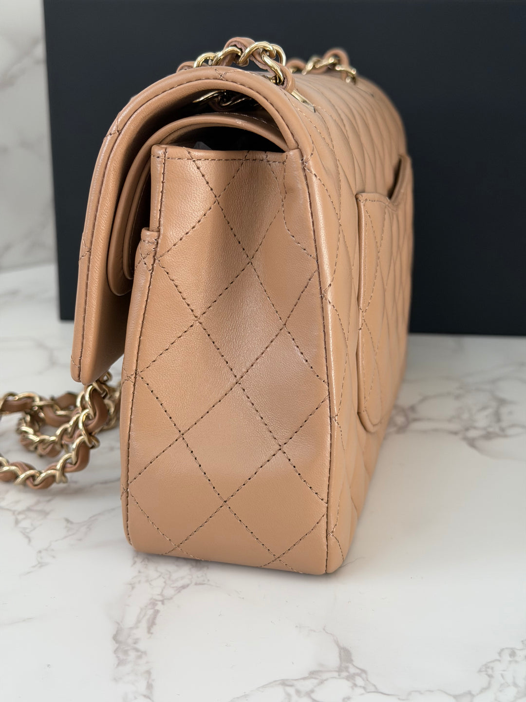 CHANEL 22K 2022 Dark Beige Lambskin LGHW Medium ML Timeless Classic Double Flap Bag