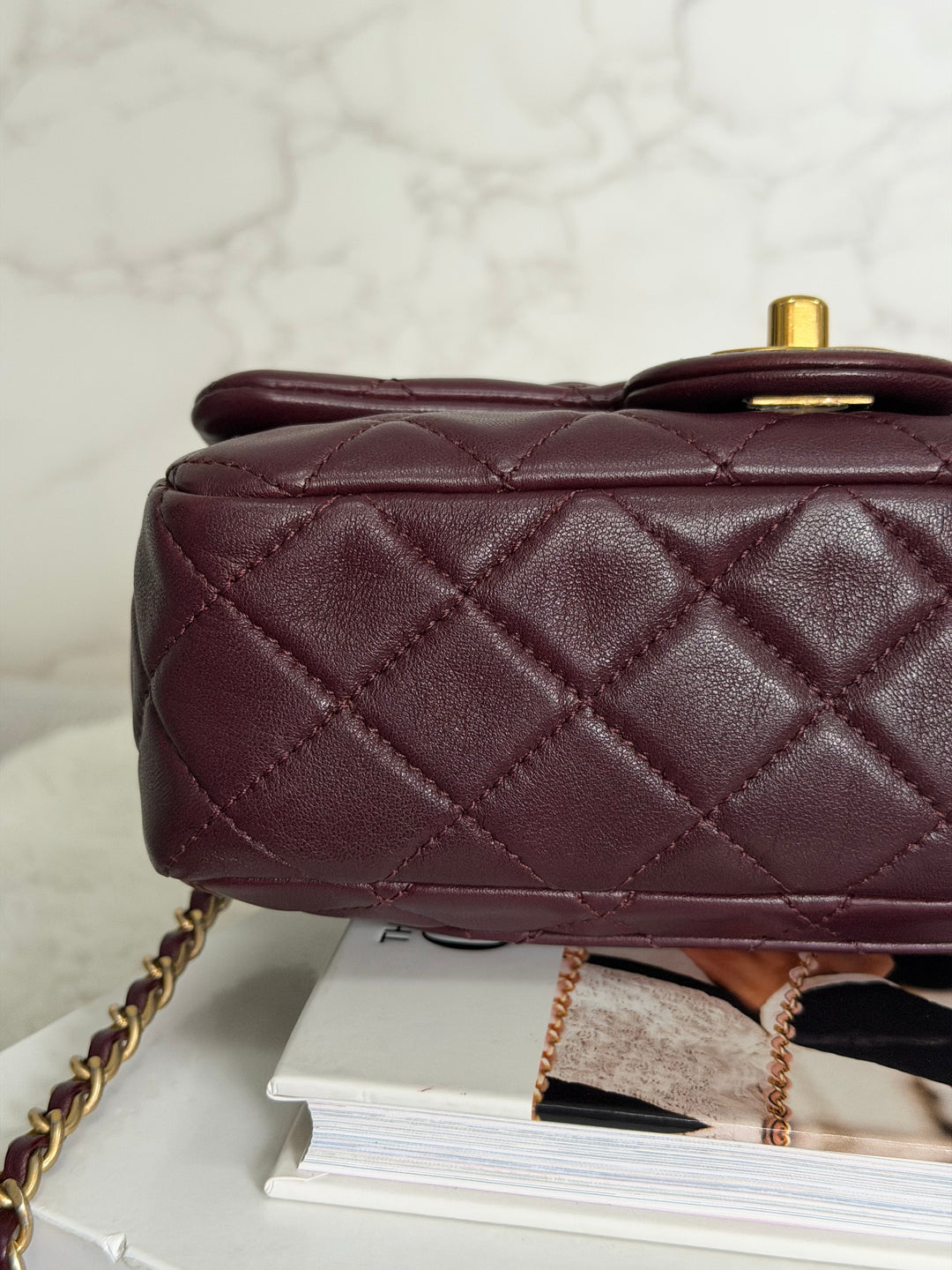 CHANEL 21B Burgundy Lambskin Aged GHW Pearl Crush Adjustable Chain Mini rectangular flap Bag 2021