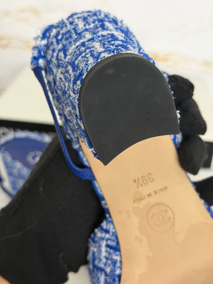 CHANEL 23P Cobalt Blue SHW Tweed Slingback shoes with kitten heels