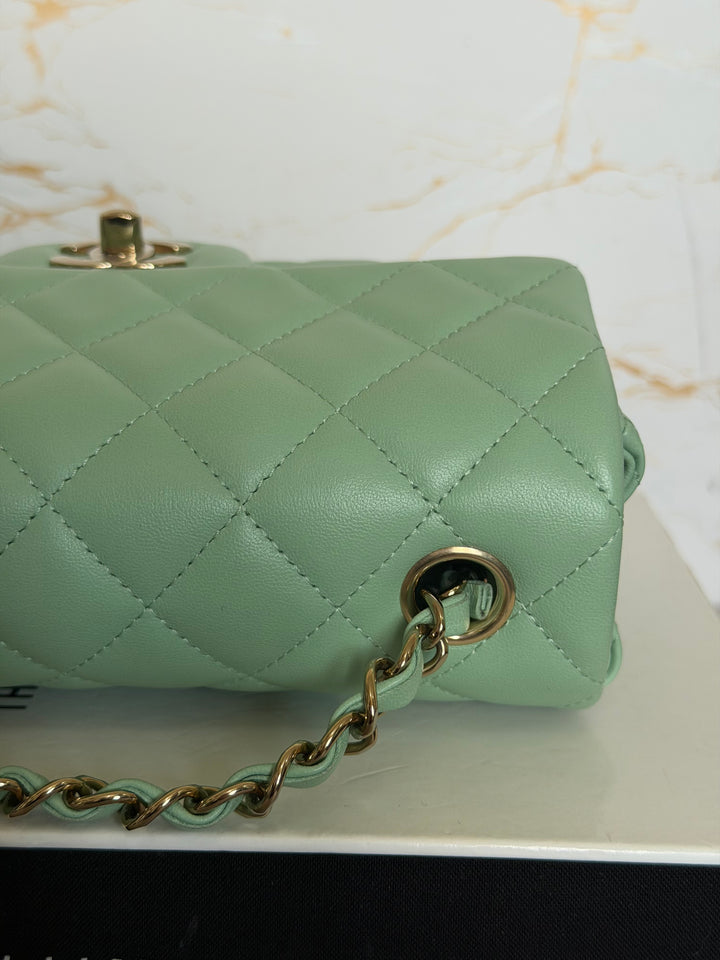 CHANEL Pastel Green Lambskin LGHW Mini Rectangular Flap Bag 2024 8 inches 20 cms