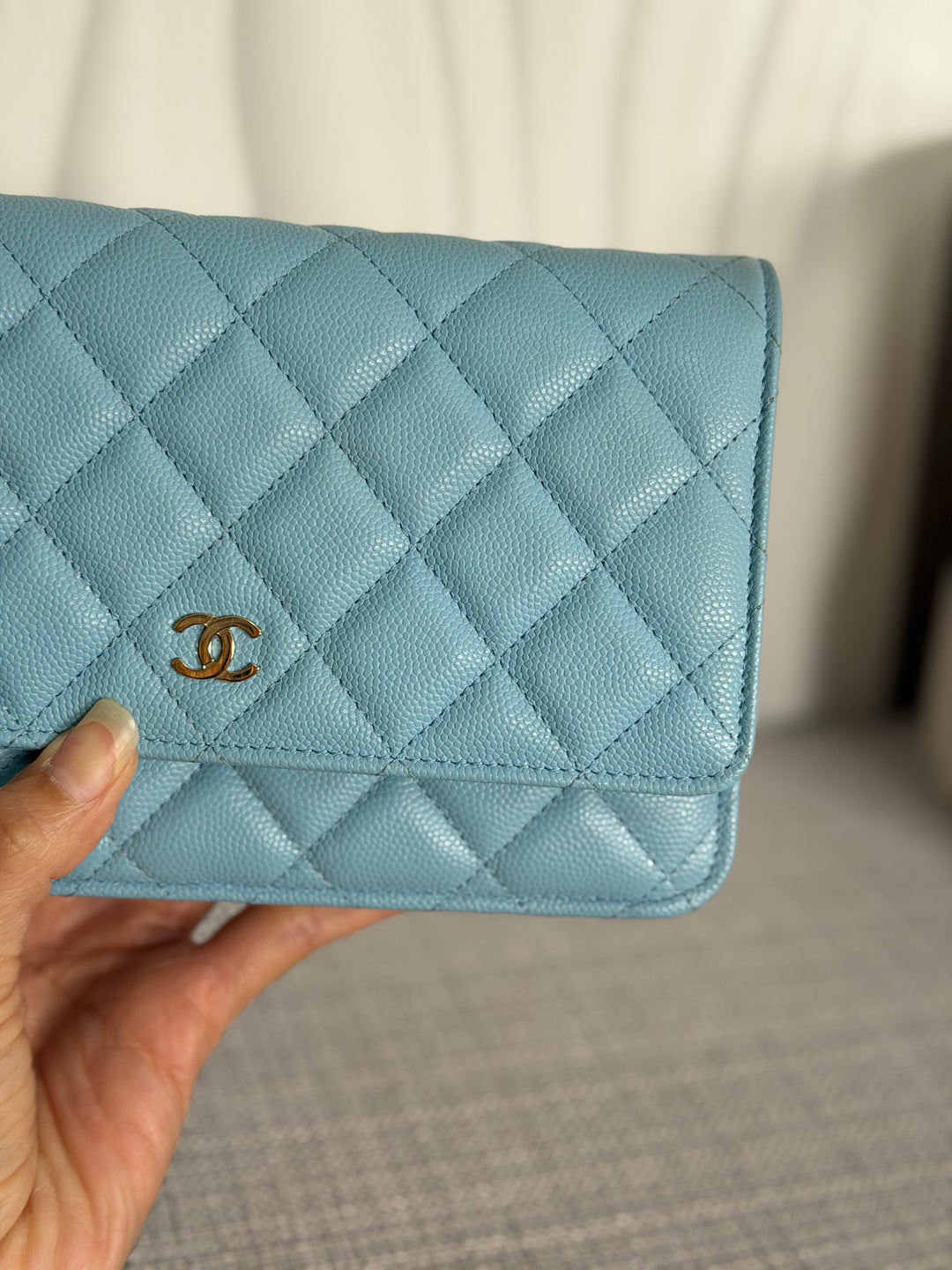 CHANEL 22S Collection 2022 Baby Blue/ Light Blue Caviar LGHW Classic Wallet on chain (WOC)