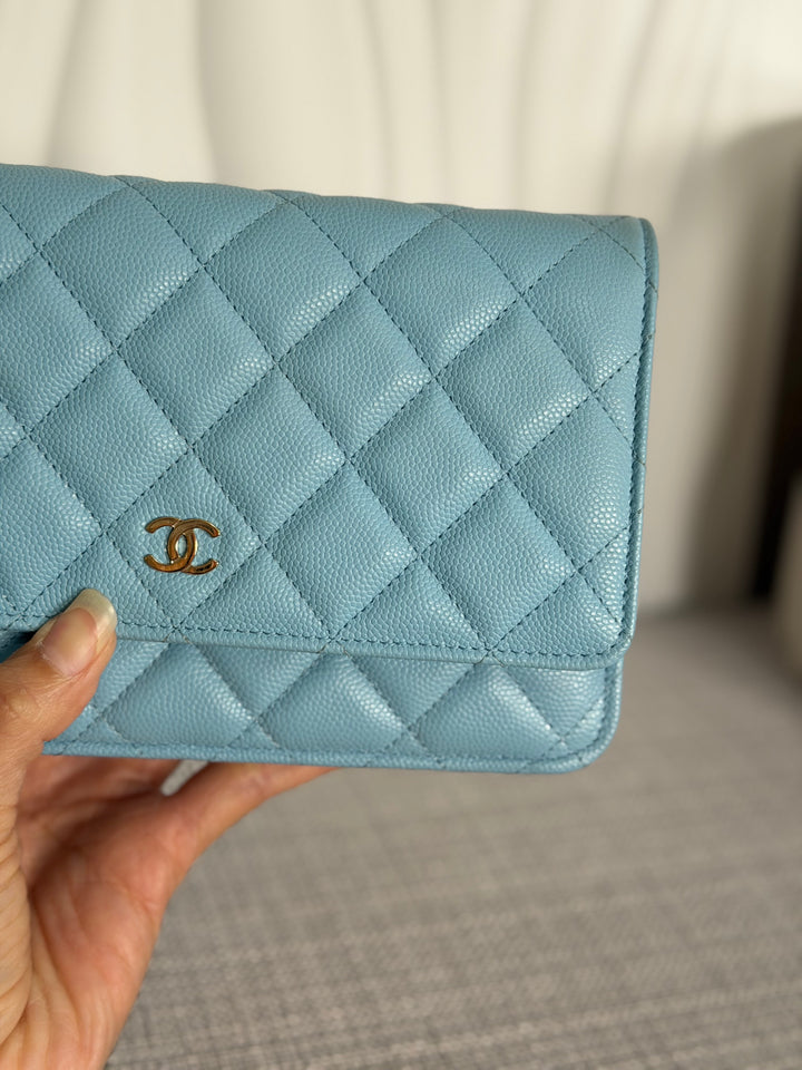 CHANEL 22S Collection 2022 Baby Blue/ Light Blue Caviar LGHW Classic Wallet on chain (WOC)