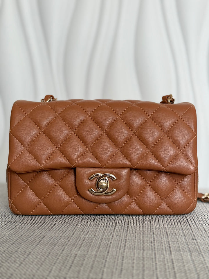 CHANEL 22S collection Caramel Brown NB356 Lambskin LGHW Mini Rectangular Flap Bag 2022