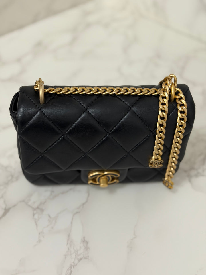 CHANEL Resin CC Black Lambskin Aged GHW Seasonal Flap Bag 2023