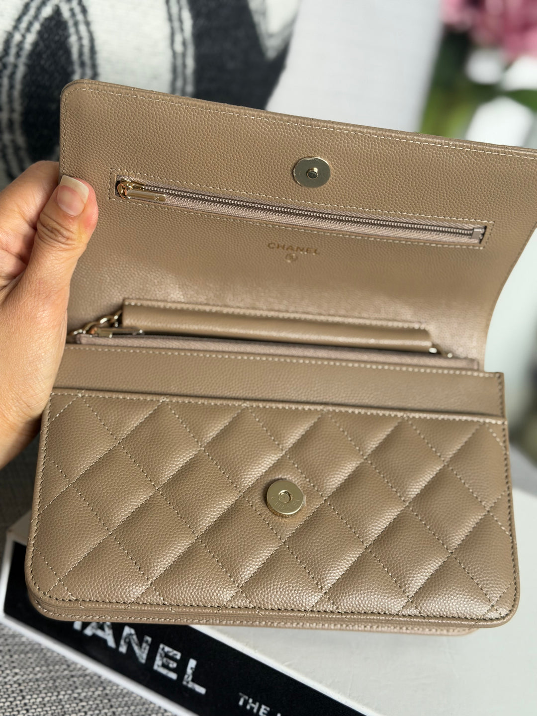 CHANEL 22A Dark Beige Caviar LGHW Classic Wallet on chain (WOC) 2023