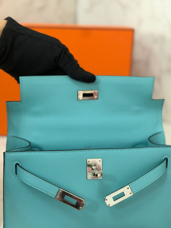 Hermès Kelly Pochette Swift Leather in Bleu Atoll 3P PHW Palladium Hardware Stamp T